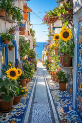 Beautiful Greek alley mosaic floor with sunflowers and a tranquil seascape backdrop
