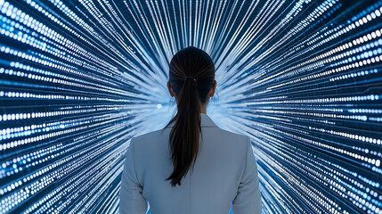 Woman standing before a wall of illuminated data. A representation of technology, innovation, and the future, ideal for technology concepts.