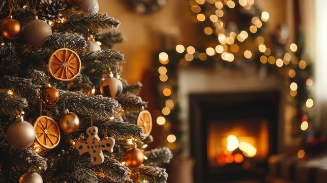 A festively decorated Christmas tree decorated with wooden ornaments, dried orange slices and garlands creates a warm and cozy atmosphere by a blazing fireplace.