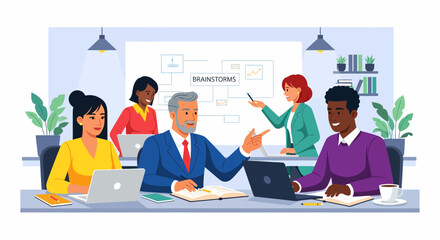 Diverse team brainstorming session with laptops whiteboard and open notebook.