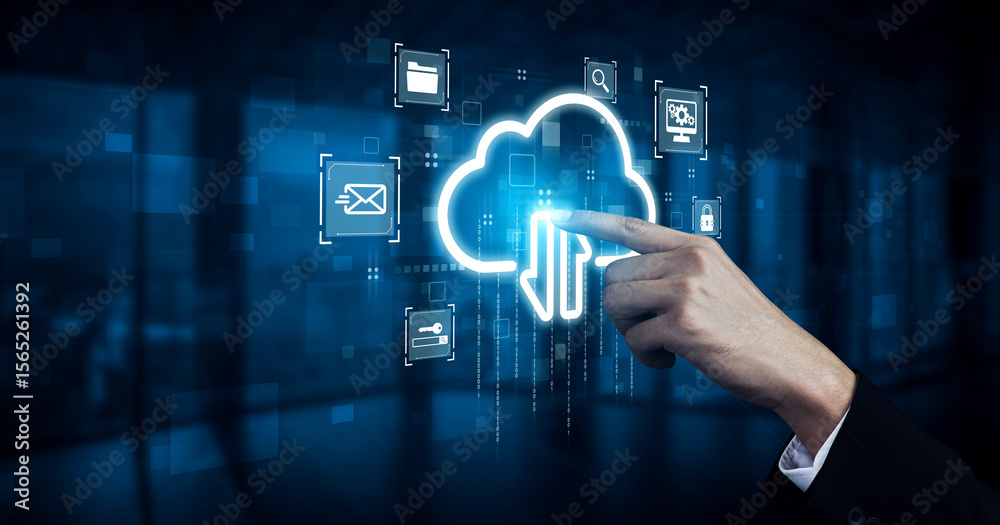 Poster cloud computing enables digital growth with secure data storage, scalable infrastructure, and strate