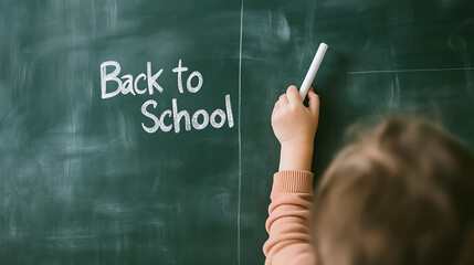 Back to school announcement on a chalkboard, with a child writing. Handwritten lettering in white chalk. Student with slate background. Copy space