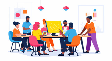 Diverse team collaborating around a table with a geometric design on a screen.