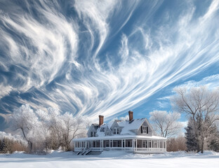 charming winter home covered in snow with floating clouds in peaceful scene