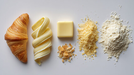 Croissant, butter, cheese, flour, and nuts arranged beautifully