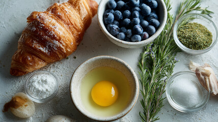 Fresh croissant, blueberries, and herbs create delightful scene
