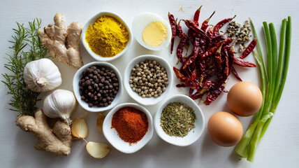 Fresh ingredients arranged for cooking, featuring spices and herbs