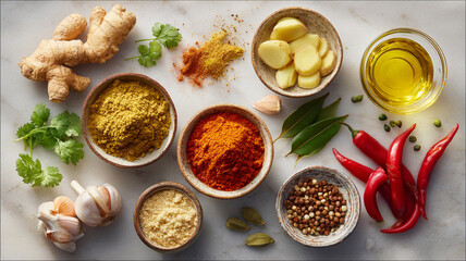 Vibrant arrangement of spices and ingredients for cooking