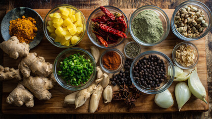 Vibrant arrangement of spices and ingredients for curry