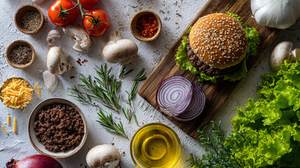 Fresh ingredients for delicious burger preparation