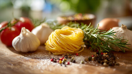 Fresh pasta ingredients arranged beautifully on wooden surface