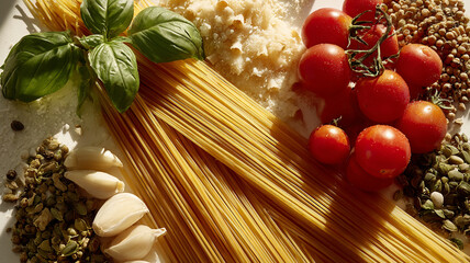 Fresh pasta ingredients with herbs and tomatoes