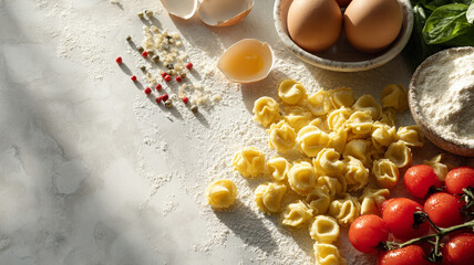 Fresh pasta ingredients, eggs, tomatoes, and flour arranged