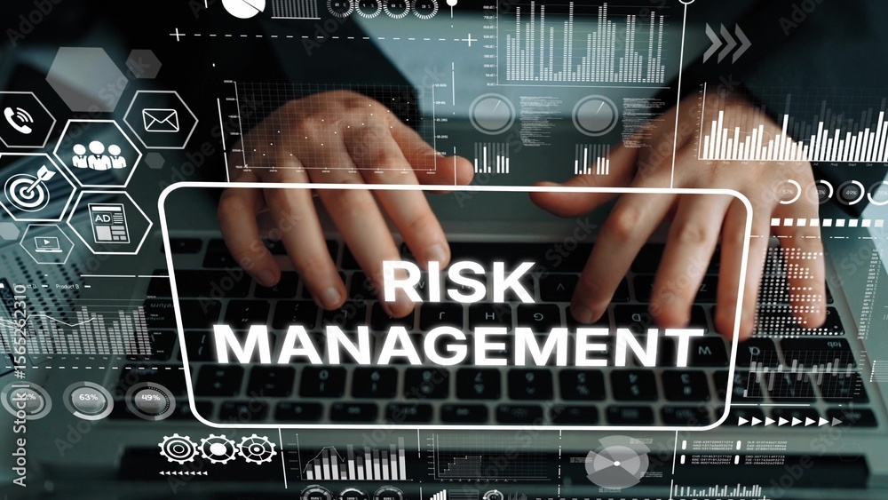Poster hands on keyboard with digital risk management concept and graphic interface elements for business a