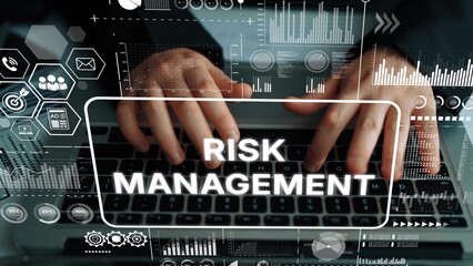 Hands on Keyboard with Digital Risk Management Concept and Graphic Interface Elements for Business...