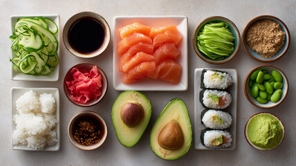 Fresh sushi ingredients arranged beautifully