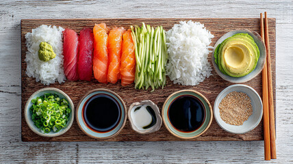 Colorful sushi arrangement with fresh ingredients