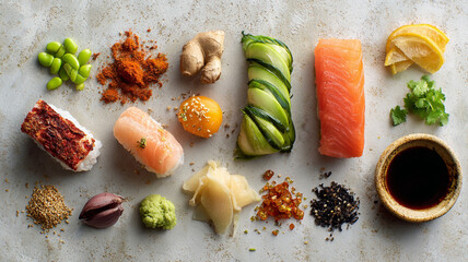 Sushi ingredients arranged beautifully on surface