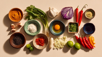 Fresh ingredients arranged for cooking, showcasing vibrant colors