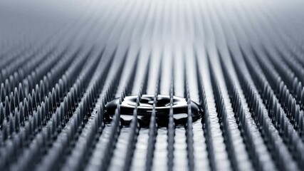Water droplet suspended above rows of metallic spikes creating a reflective sphere effect in center - Powered by Adobe