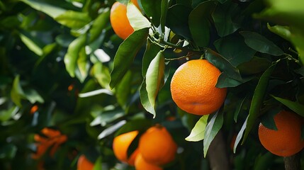 Lush vibrant oranges hang heavy on the branches of a thriving citrus grove providing ample copy space for text showcasing the beauty of this realistic orange orchard scene.