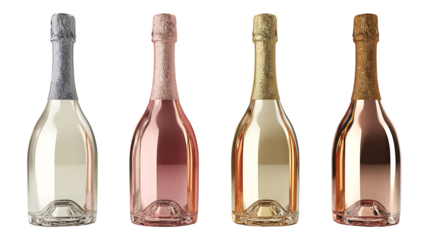 Four mini bottles of sparkling wine in different colors.