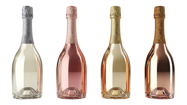 Four mini bottles of sparkling wine in different colors.