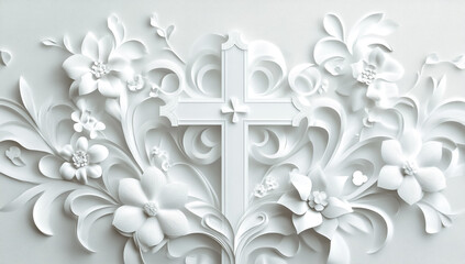 Decorative floral 3D paper cut wall mural featuring white cross modern style artwork