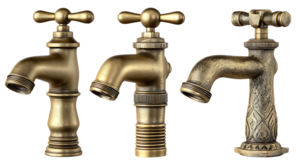 Three antique brass faucets isolated on black background.