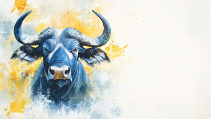Detailed close-up of a blue water buffalo head with horns on a plain white backdrop