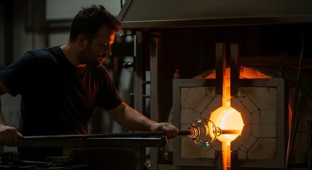 The Art of Glassblowing: A Skilled Craftsman Shaping Molten Glass in a Fiery Furnace, A Glassblower at Work: The Intense Heat and Precision Crafting a Delicate Glass Object