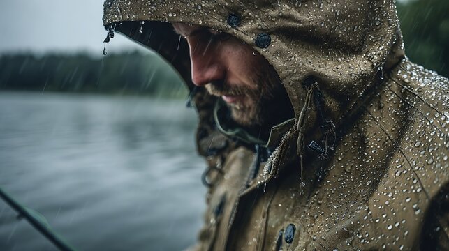 Man in hooded jacket during rainfall, water droplets on fabric, outdoor adventure