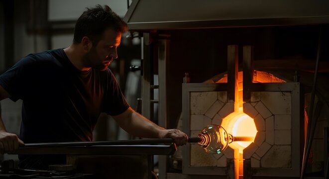 The Art of Glassblowing: A Skilled Craftsman Shaping Molten Glass in a Fiery Furnace, A Glassblower at Work: The Intense Heat and Precision Crafting a Delicate Glass Object
