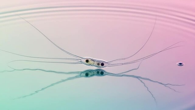 Close up view of a water strider on water surface creating ripples with reflection visible below it