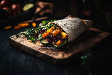 A breakfast wrap filled with perfectly grilled vegetables sits on a dark surface, surrounded by fresh herbs and a bowl of sauce, highlighting a vibrant morning meal