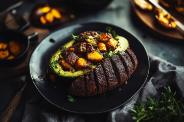 A mouthwatering breakfast plate features grilled chicken and avocado slices, beautifully arranged on a dark plate. Fresh herbs add color and flavor