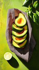 Brightly colored avocado slices arranged on toasted bread, garnished with fresh basil leaves, creating an appealing and nutritious breakfast option