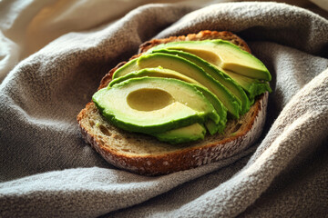 Freshly prepared avocado toast topped with sliced avocado and herbs rests on rustic whole grain bread, served in a warm and inviting cafe during breakfast time