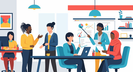 Diverse team collaborating in a modern office reviewing charts and data.