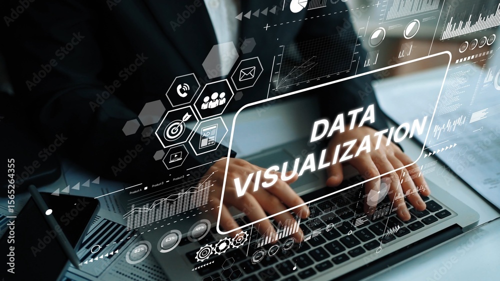 Poster professional data visualization concept with digital graphics and business analytics background. asy