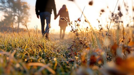 Couple on an autumn countryside walk in a foggy landscape with warm lighting and detailed textures