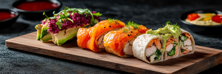 Colorful sushi rolls are presented on a wooden board, combining fresh salmon, vegetables, and creative garnishes. This unique breakfast board showcases culinary artistry at its best, banner