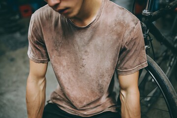 Man in Brown T-Shirt with Bicycle, Close-Up of Torso and Arms, Moody Lighting
