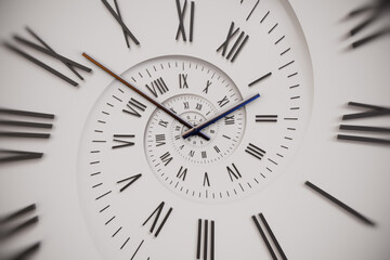 Vintage white spiral clock dial with roman numerals. Concept of Infinite time, deadline, scheduling, time and space, past, present and future.