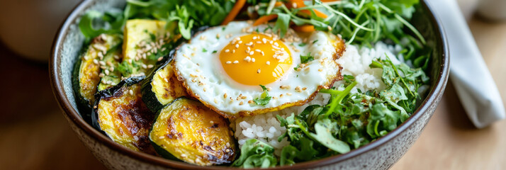 A colorful rice bowl features perfectly grilled eggplant slices, a sunny side up egg, and fresh greens, showcasing a delightful meal prepared at home, banner