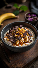 A delightful breakfast featuring creamy yogurt topped with chocolate pieces, banana slices, and caramel drizzle, set against a rustic table background in a warm atmosphere