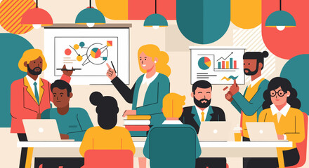 Diverse team collaborating in a modern office reviewing charts and using laptops.