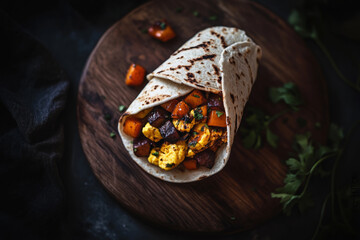 Savor a delicious breakfast burrito packed with scrambled eggs, roasted vegetables, and spices, presented on a wooden platter amid fresh herbs
