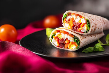 Two hearty breakfast wraps, stuffed with colorful vegetables and cheese, are presented on a black plate alongside cherry tomatoes, creating a vibrant morning meal