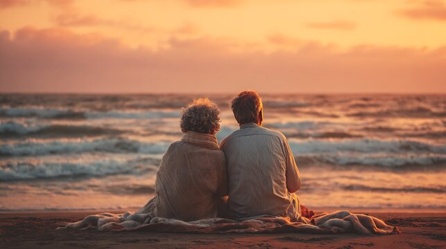 Senior couple enjoying a peaceful sunset view on the beach embracing togetherness